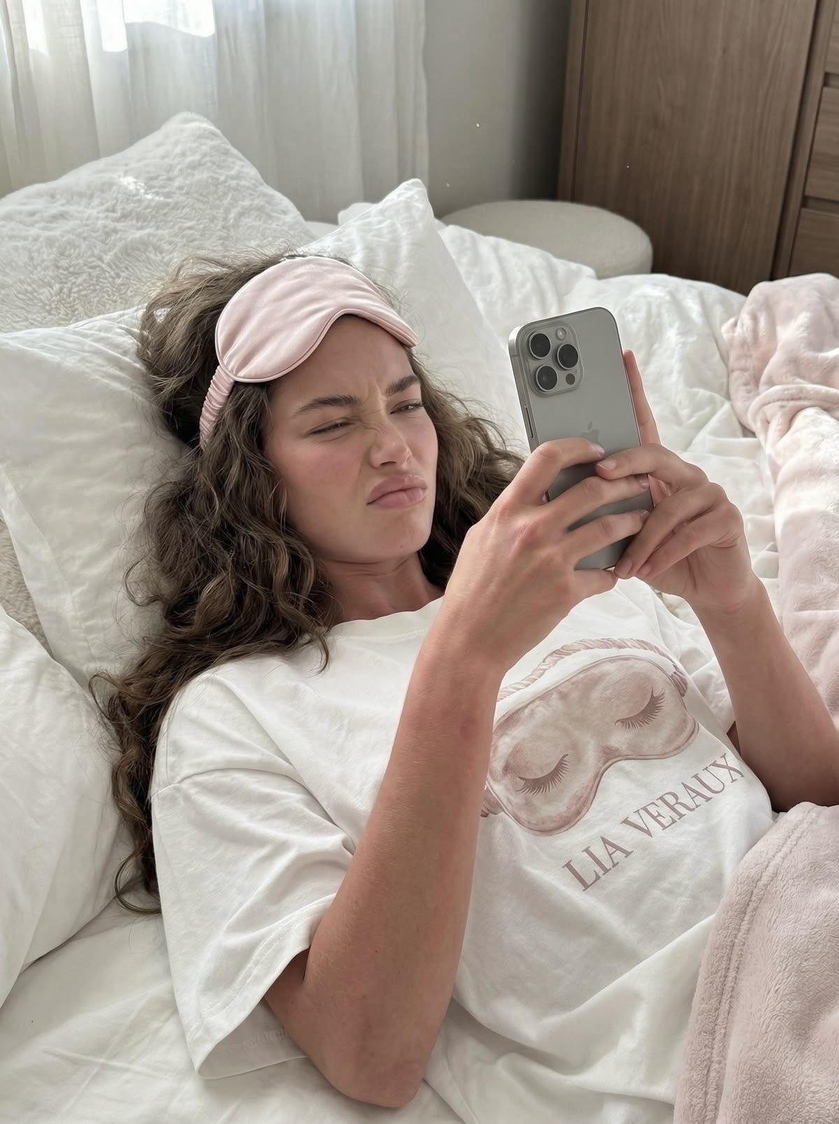 Garota na cama rolando o feed no celular de manhã